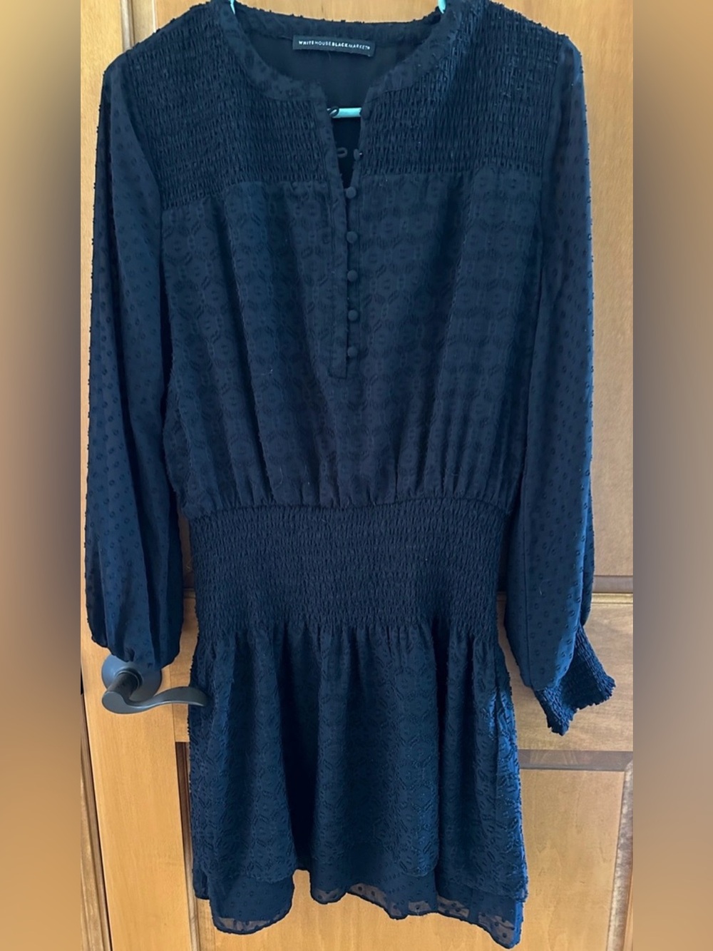 White House Black Market Black Embroidered Clip Dot Smocked Waist Dress S/P 🖤
